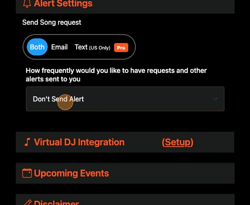 Screenshot of: Choose how frequently you want to be alerted of new song requests. If you don't want alerts, choose Don't send alerts