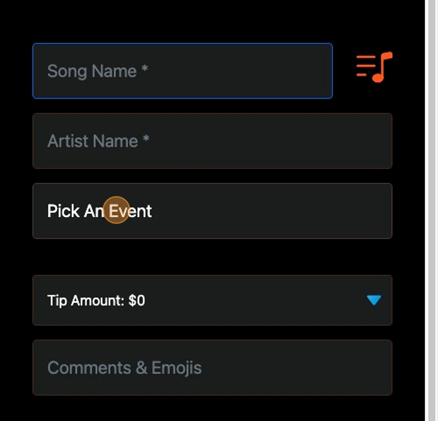 Screenshot of: When users make a song request, they will have the option of choosing the event that they want to request a song for
