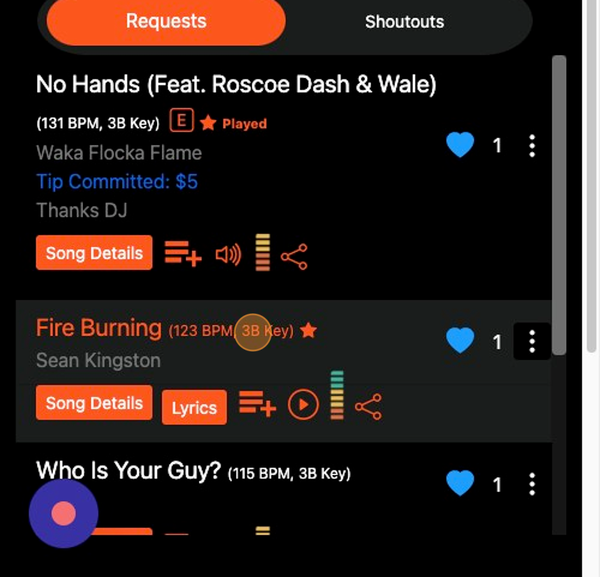 Screenshot of: Your favorite song requests will have a star next to them
