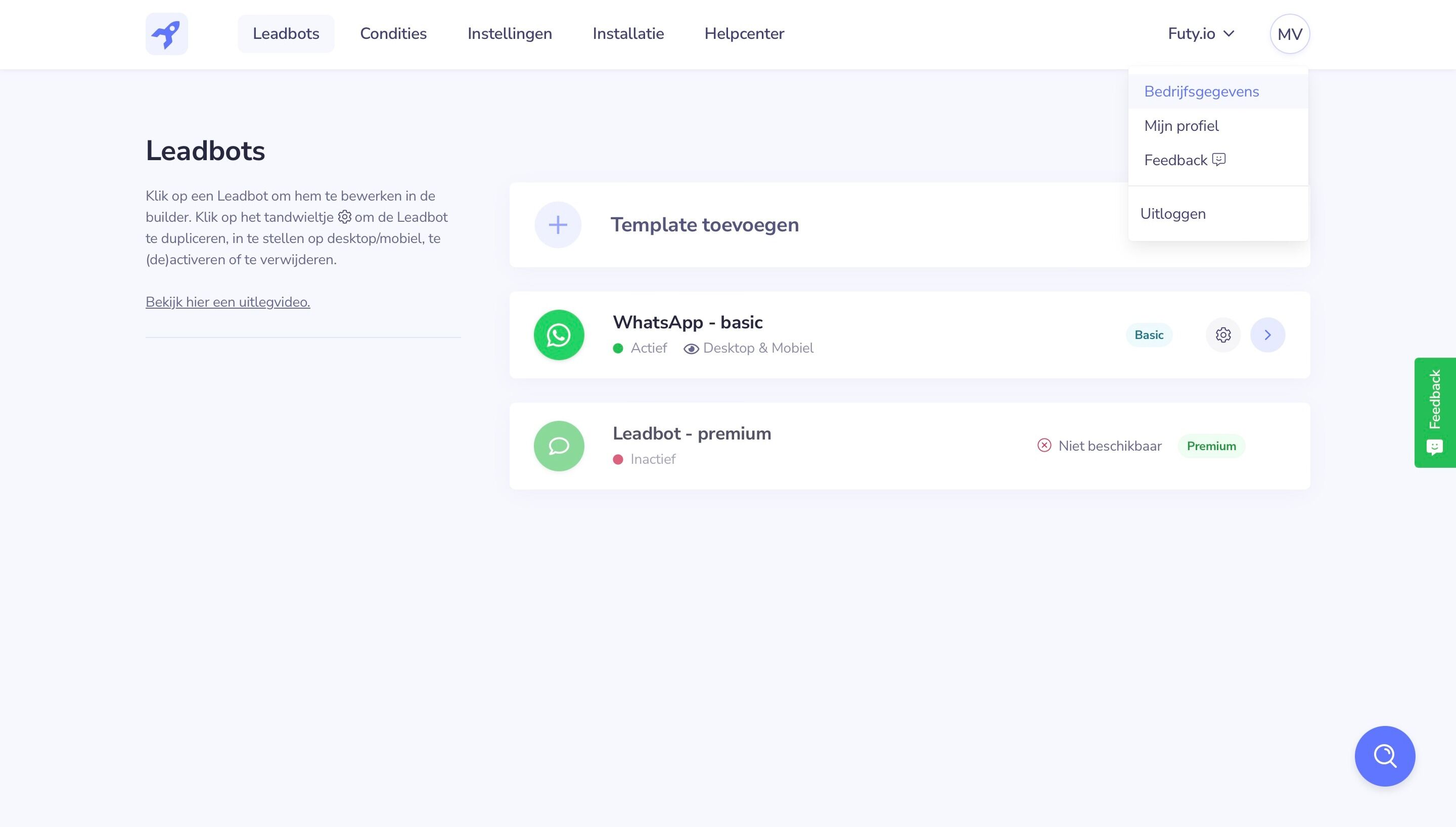 Screenshot of: Login op je account van Futy en ga rechts bovenin naar het rondje met de initialen. Druk op de optie Bedrijfsgegevens.