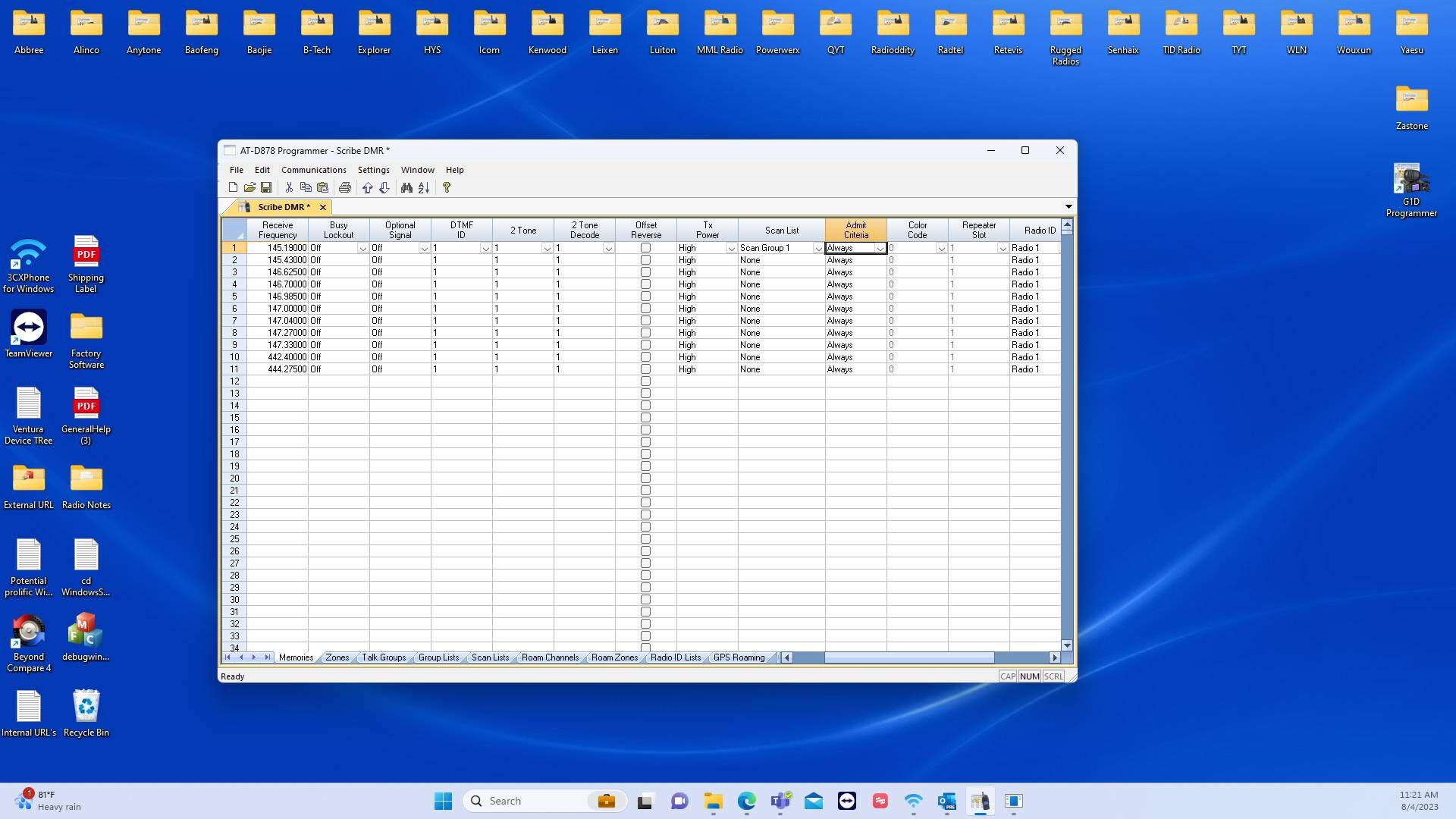 Screenshot of: After you have chosen your scan group, the software will display the chosen group assigned to the chosen memory channel.