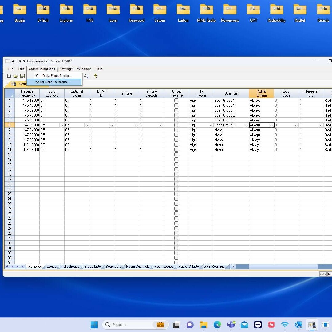 Screenshot of: Click Communications | Send Data to Radio once you have completed configuring your scan groups and assigning them to your memories. 
