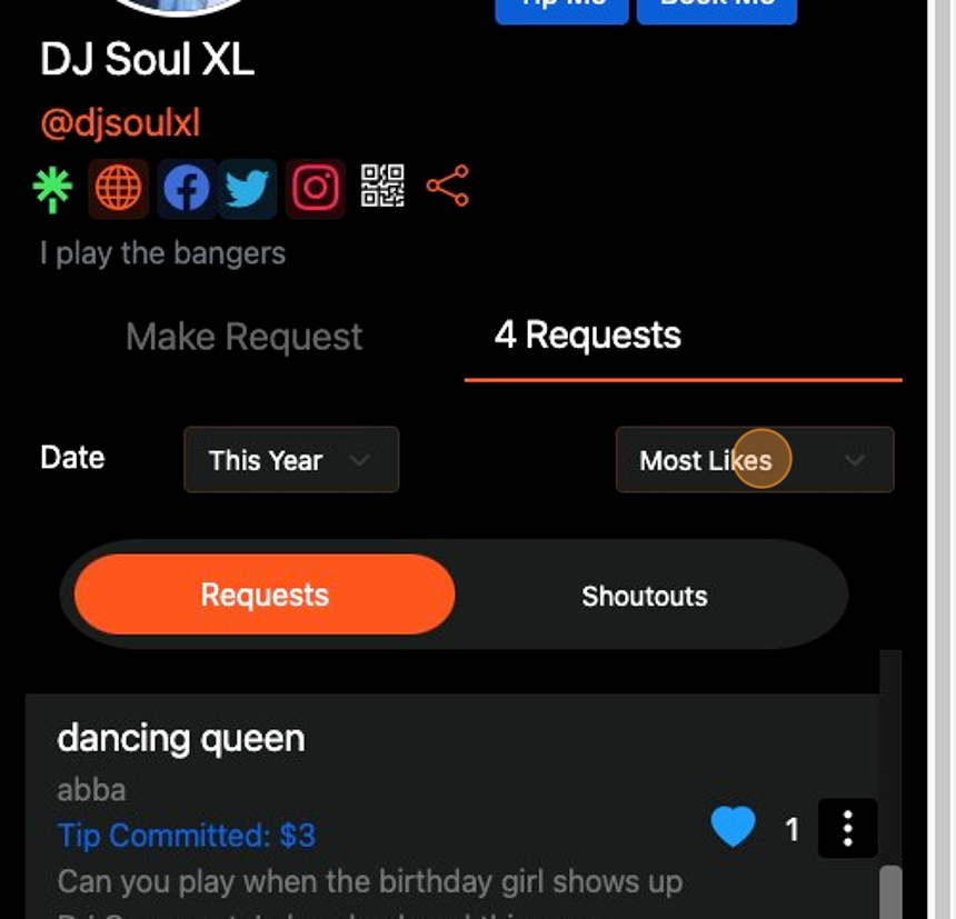 Screenshot of: Click this dropdown to choose how to sort song requests. You can sort by (Most Likes, Newest Request, Oldest Request, Requestor Name, BPM, Duration, Key, Popularity, Energy Level, Danceability, Happiness Level)