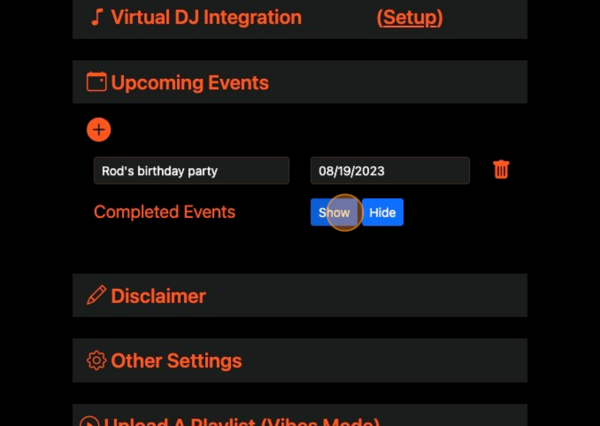 Screenshot of: Click "Show" to see completed events