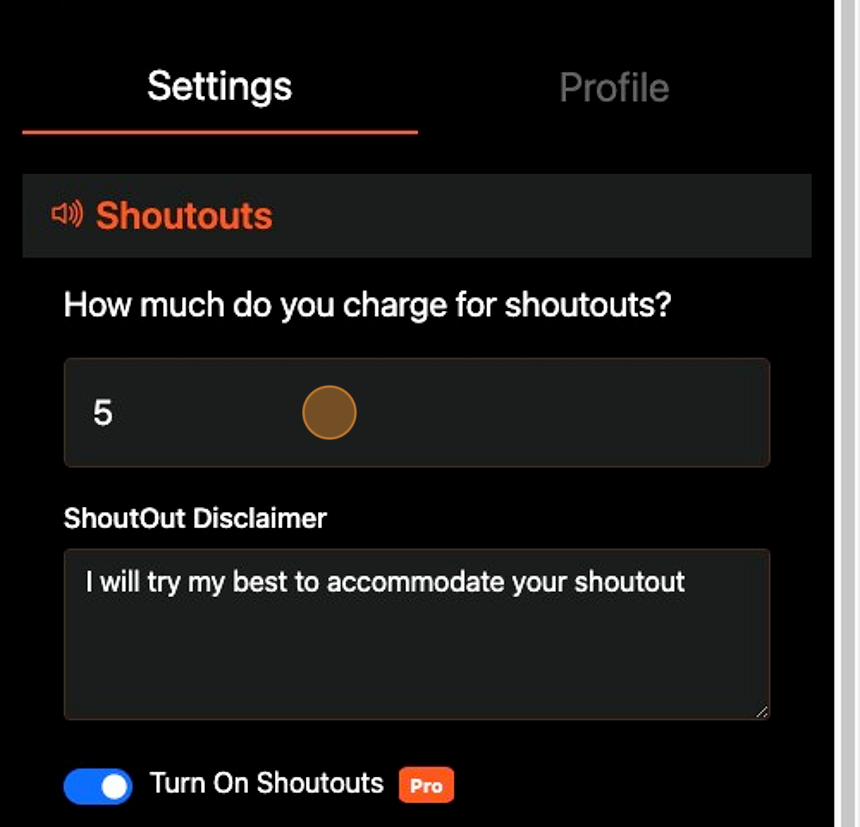 Screenshot of: Choose how much you want to charge for shoutouts