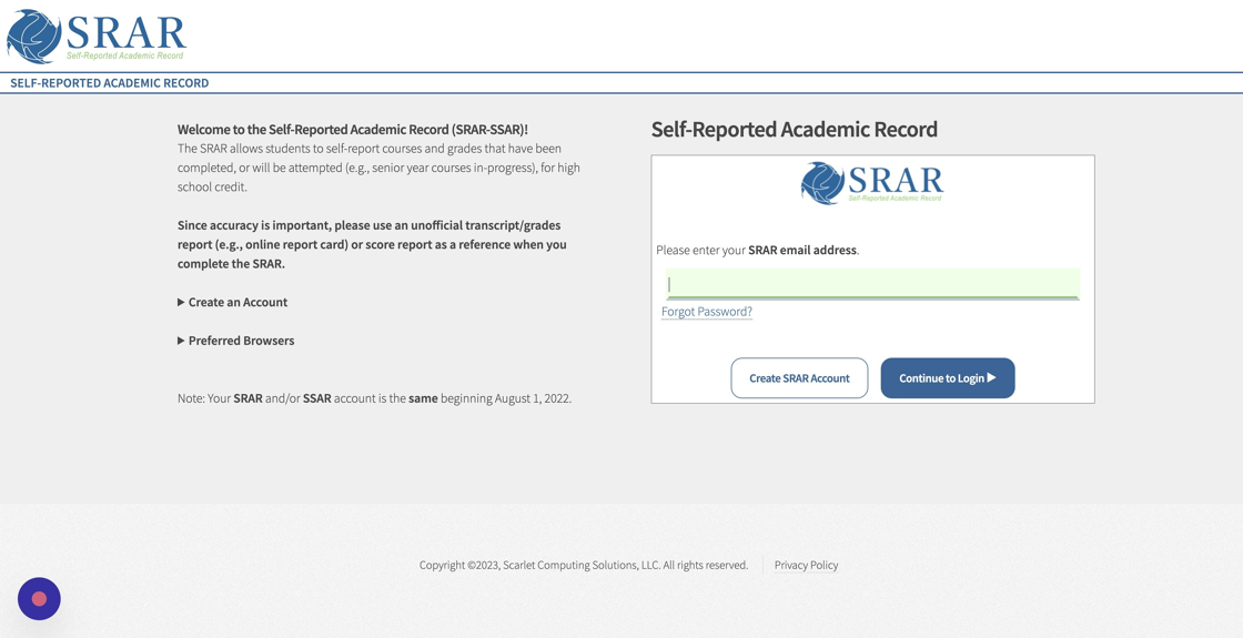 Screenshot of: Log in to the main SRAR website: https://srar.selfreportedtranscript.com/generic.aspx