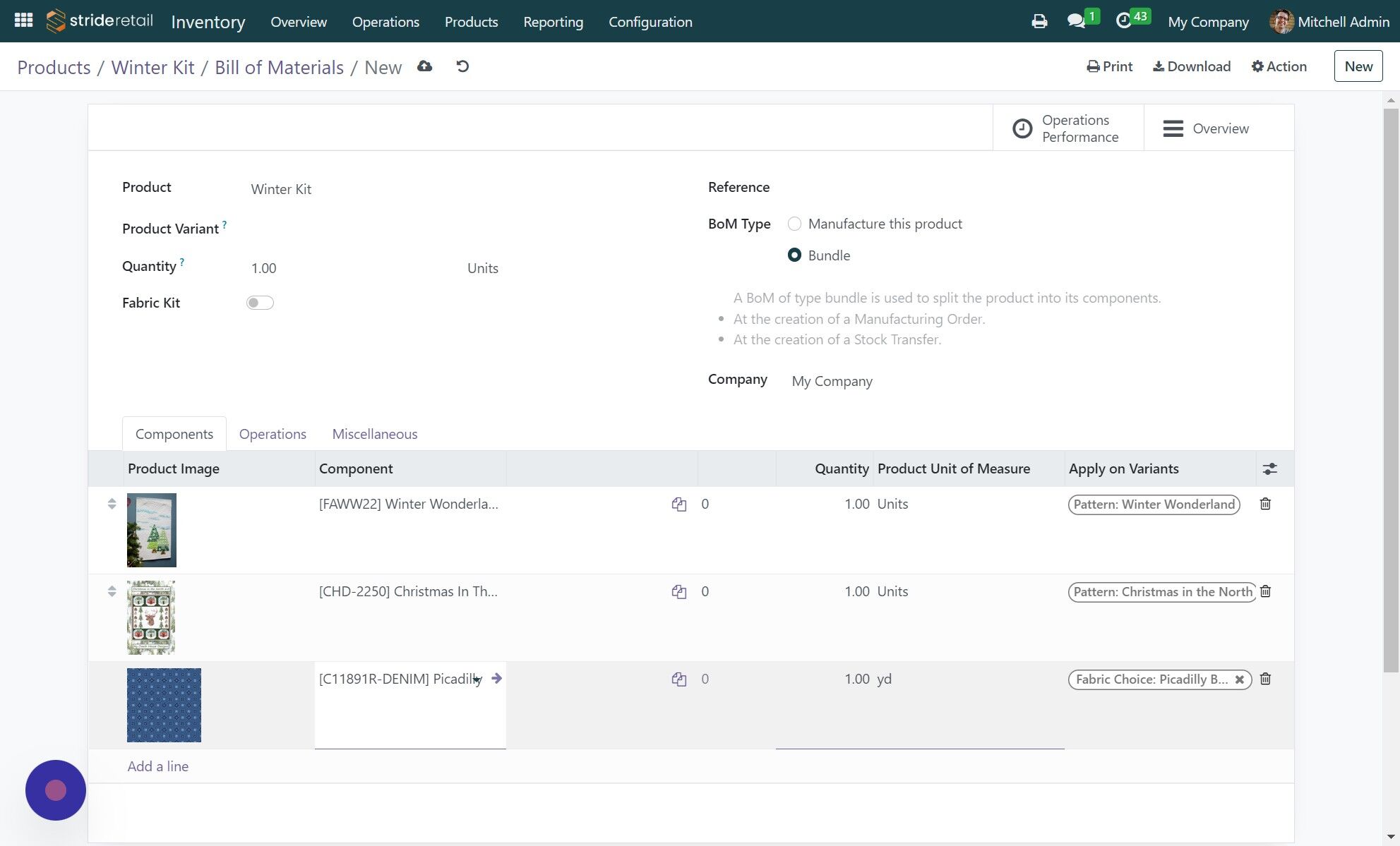 Screenshot of: You can change the quantities of the individual products in the bill of materials. 