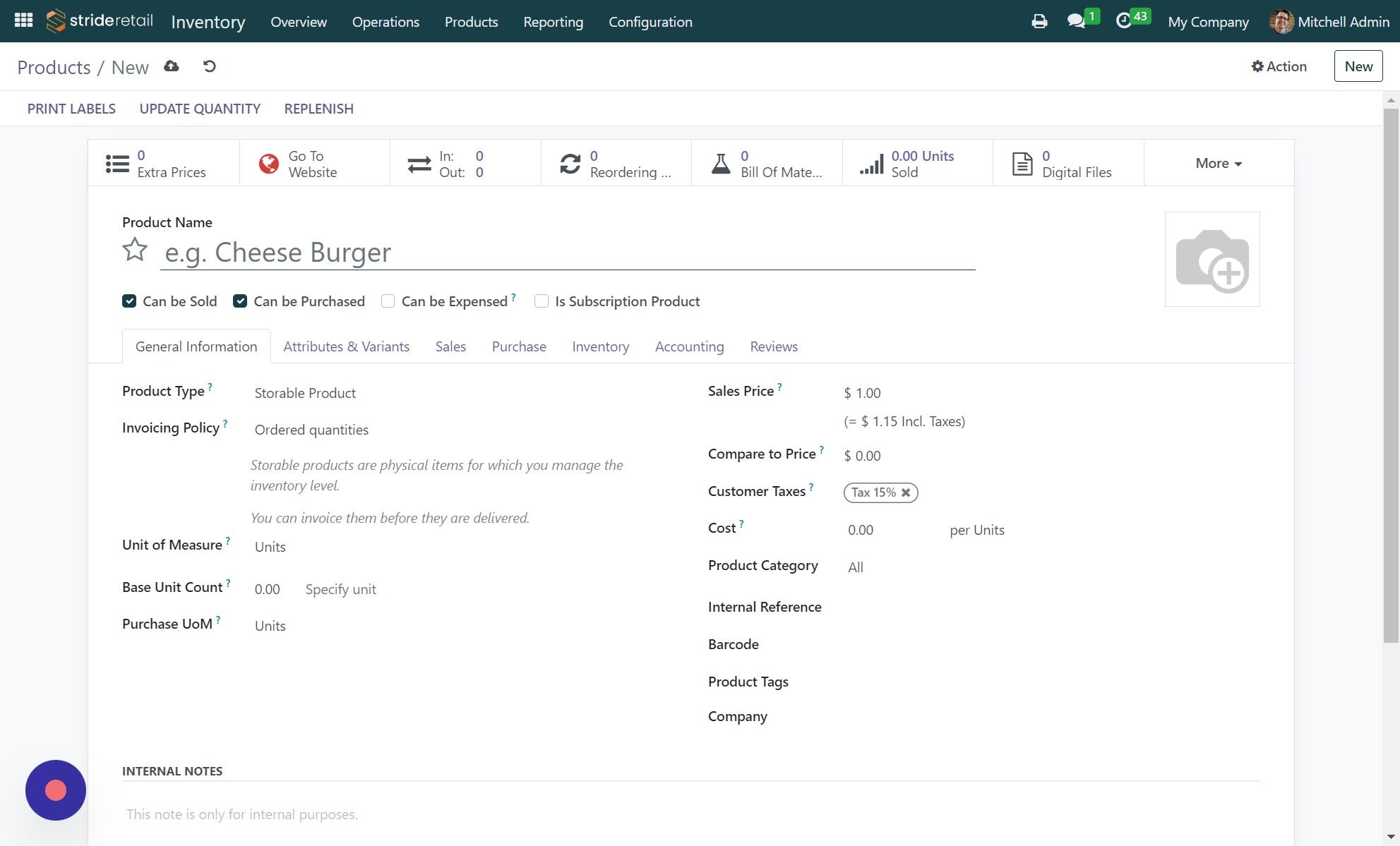 Screenshot of: Add the information needed for the product.  Price, sales description, category, ecommerce categories, tags, etc.