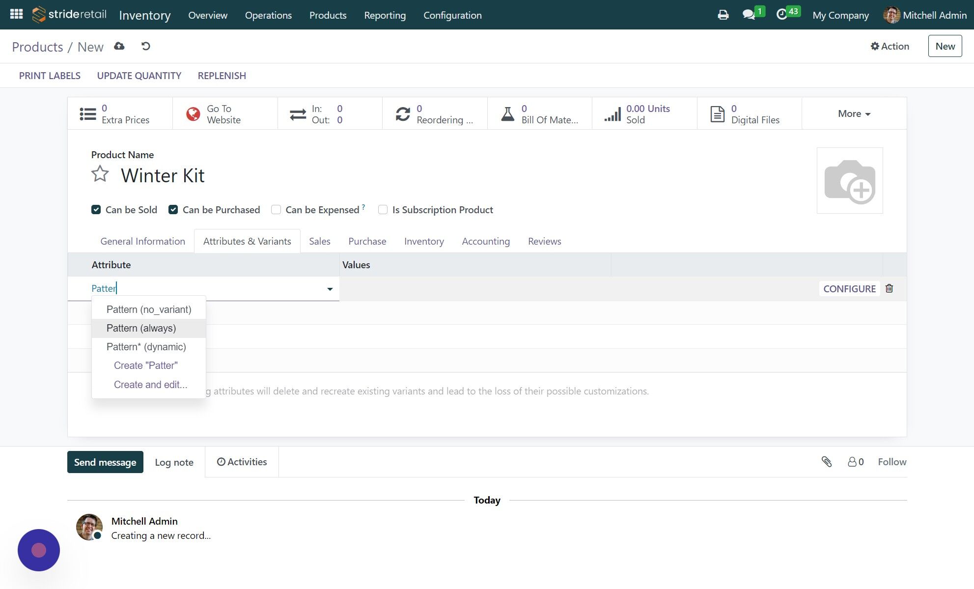Screenshot of: Click "Pattern (always)" (in this example, we had already used the "Pattern (always)" attribute but you might have to create yours. You can do this by typing in the name and then clicking "Create and Edit"