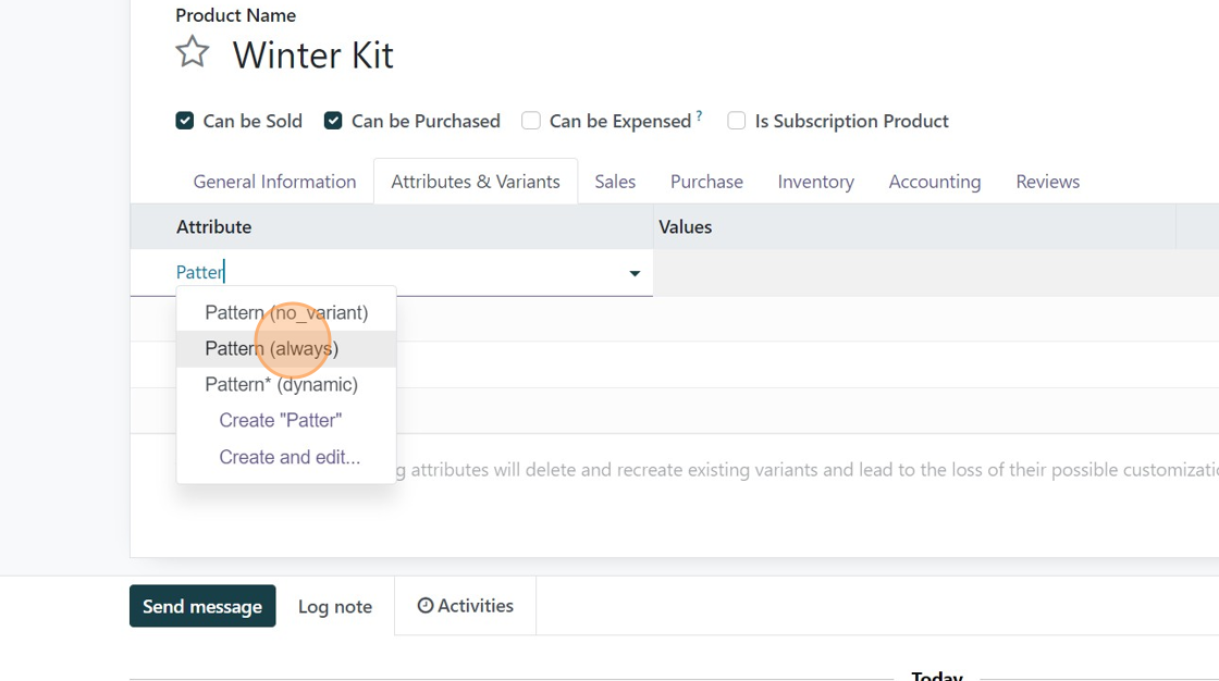 Screenshot of: Click "Pattern (always)" (in this example, we had already used the "Pattern (always)" attribute but you might have to create yours. You can do this by typing in the name and then clicking "Create and Edit"