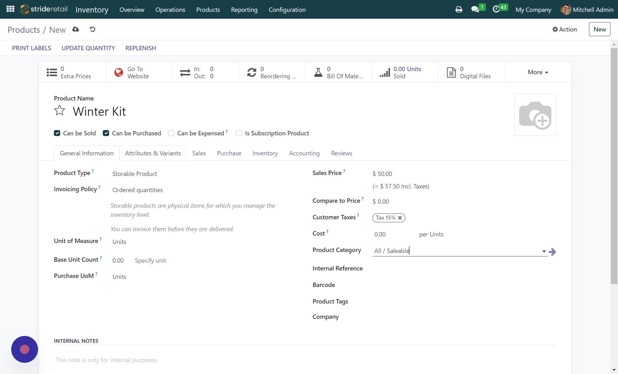 Screenshot of: Make sure you have all the required fields checked.  Next we need to add our attributes that customers can select. Click "Attributes & Variants"