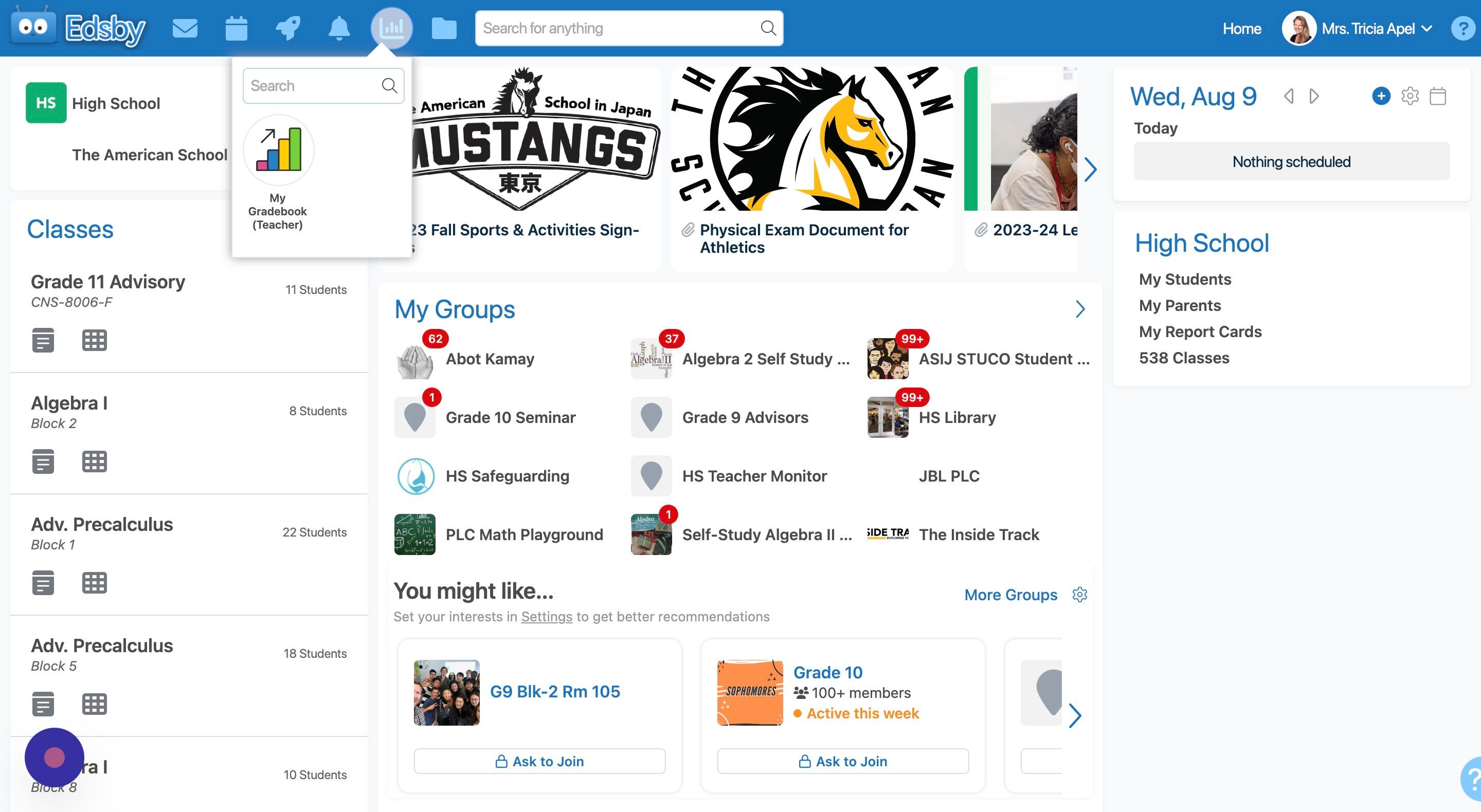 Screenshot of: Choose My Gradebook (Teacher)