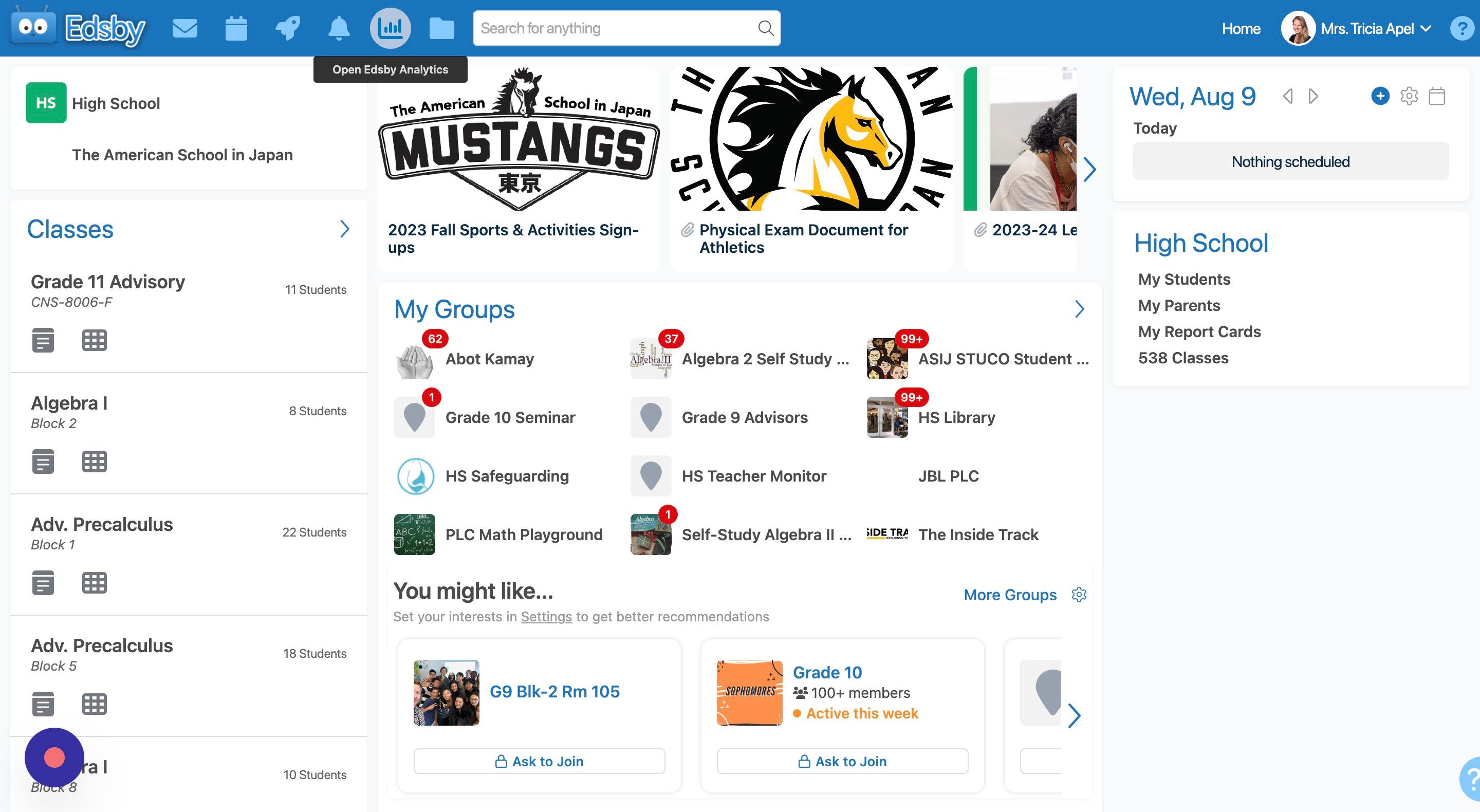 Screenshot of: Click the button to Open Edsby Analytics