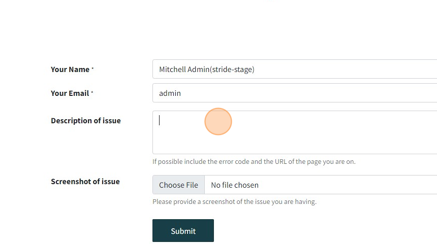 Screenshot of: Add your contact information and a description of your issue or your question.  Include as much information as possible.  If you have a screenshot you can add it by clicking the "Choose File" and uploading your screenshot.