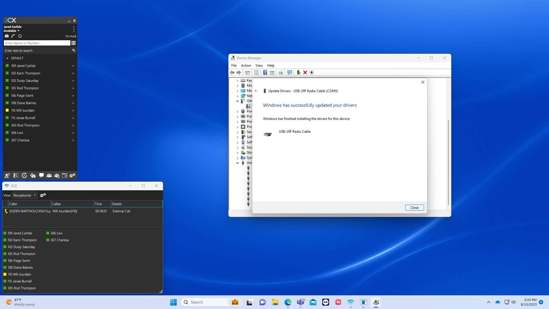 Screenshot of: Click "Close" and you will have successfully manually installed the RT Systems Drivers. You can reach us by phone at 404-806-9561 for further assistance if required.