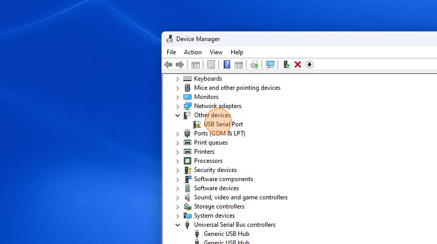 Screenshot of: Right-click "USB Serial Port". You may see a USB Serial Port appear after the drivers have been installed. You can correct this easily by continuing following these steps.