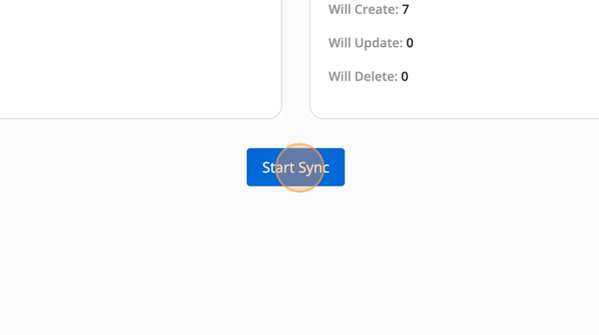 Screenshot of: Carefully review the number of creates, updates, and deletes. Then click "Start Sync". If the numbers are not correct, it means your unique key selection needs to be changed.