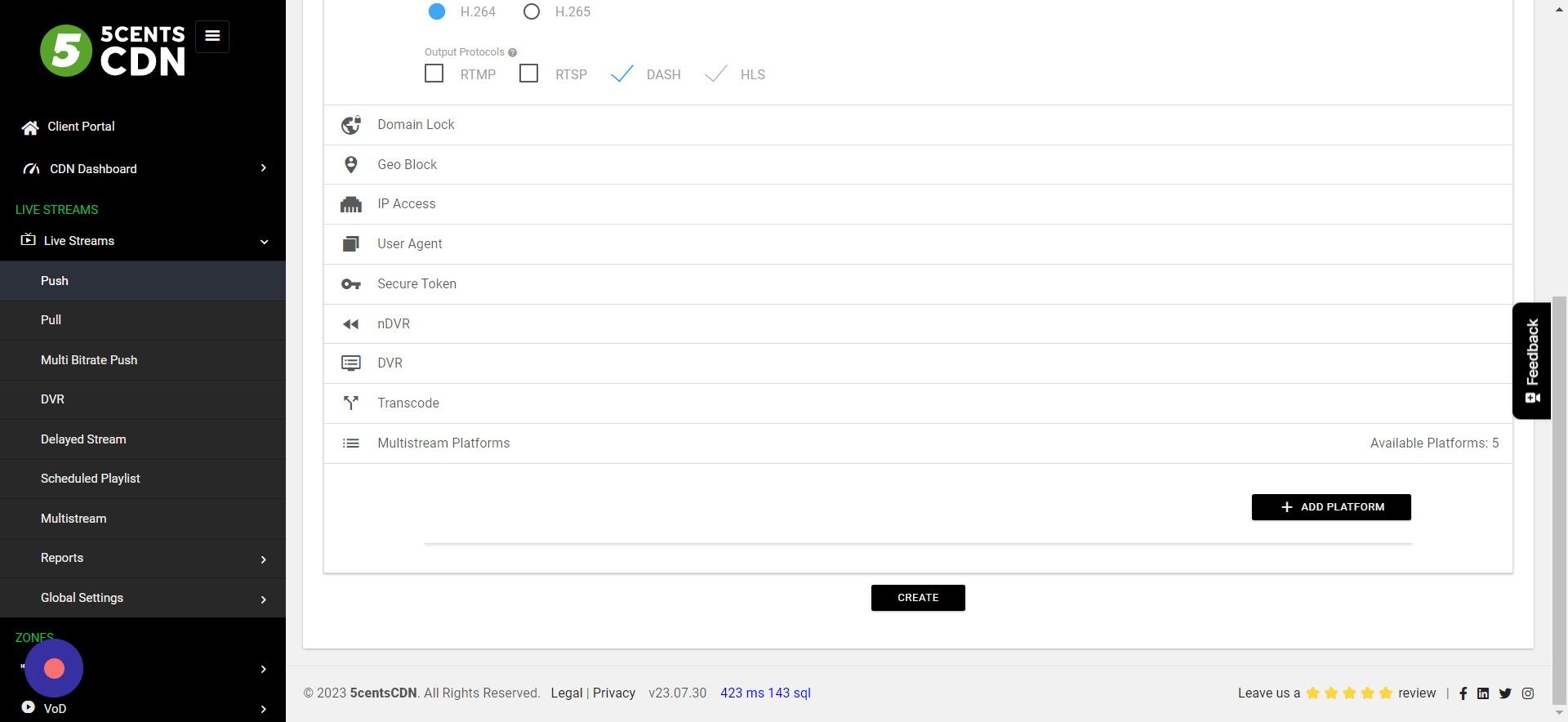 Screenshot of: You can enable different stream securities if required. This is optional