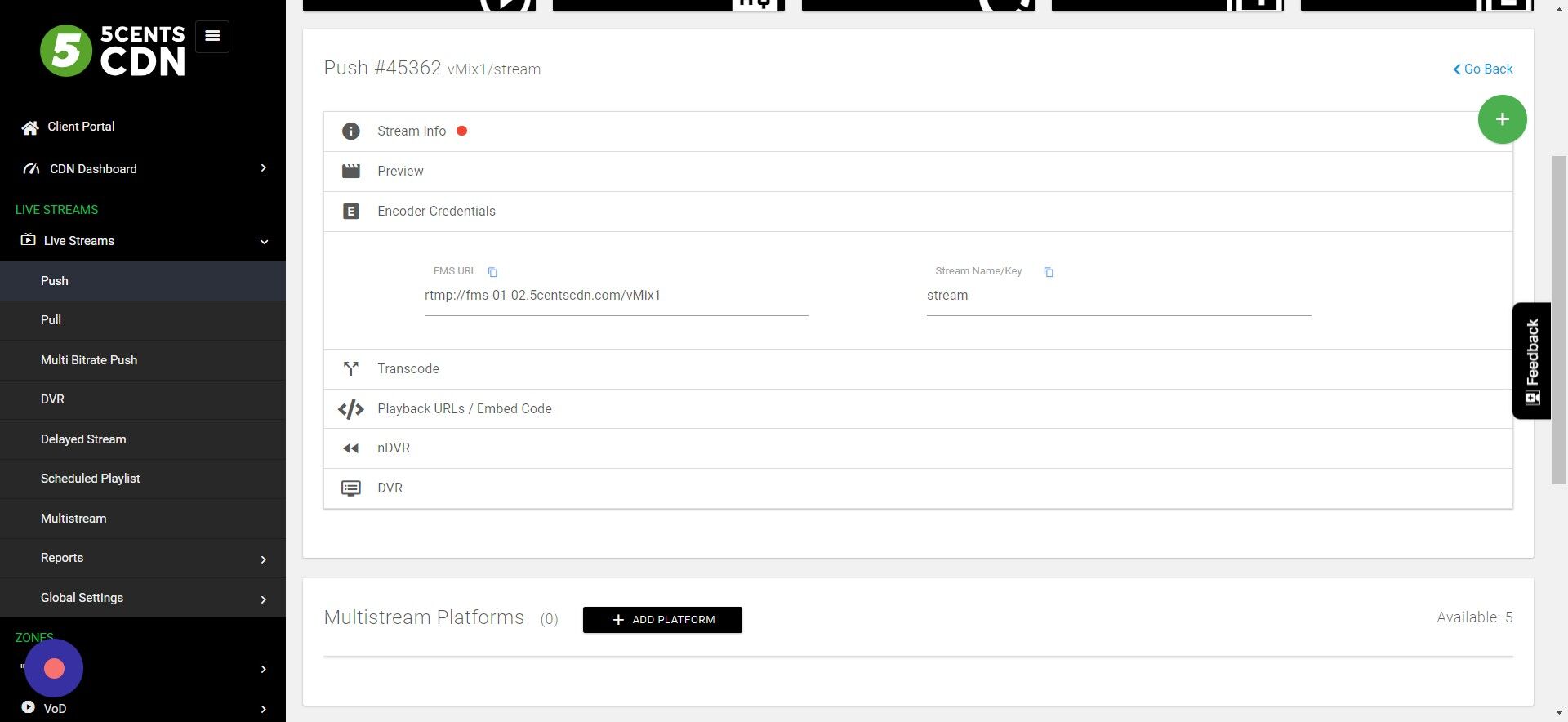 Screenshot of: You can copy the RTMP and Stream Key here