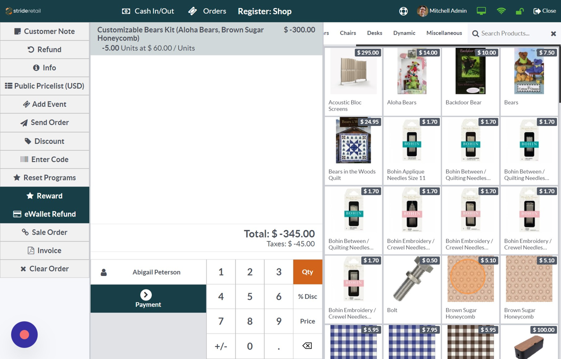 Screenshot of: Now you will select the products that you will consume to create the kit.  In this case we will use 3 different fabrics.