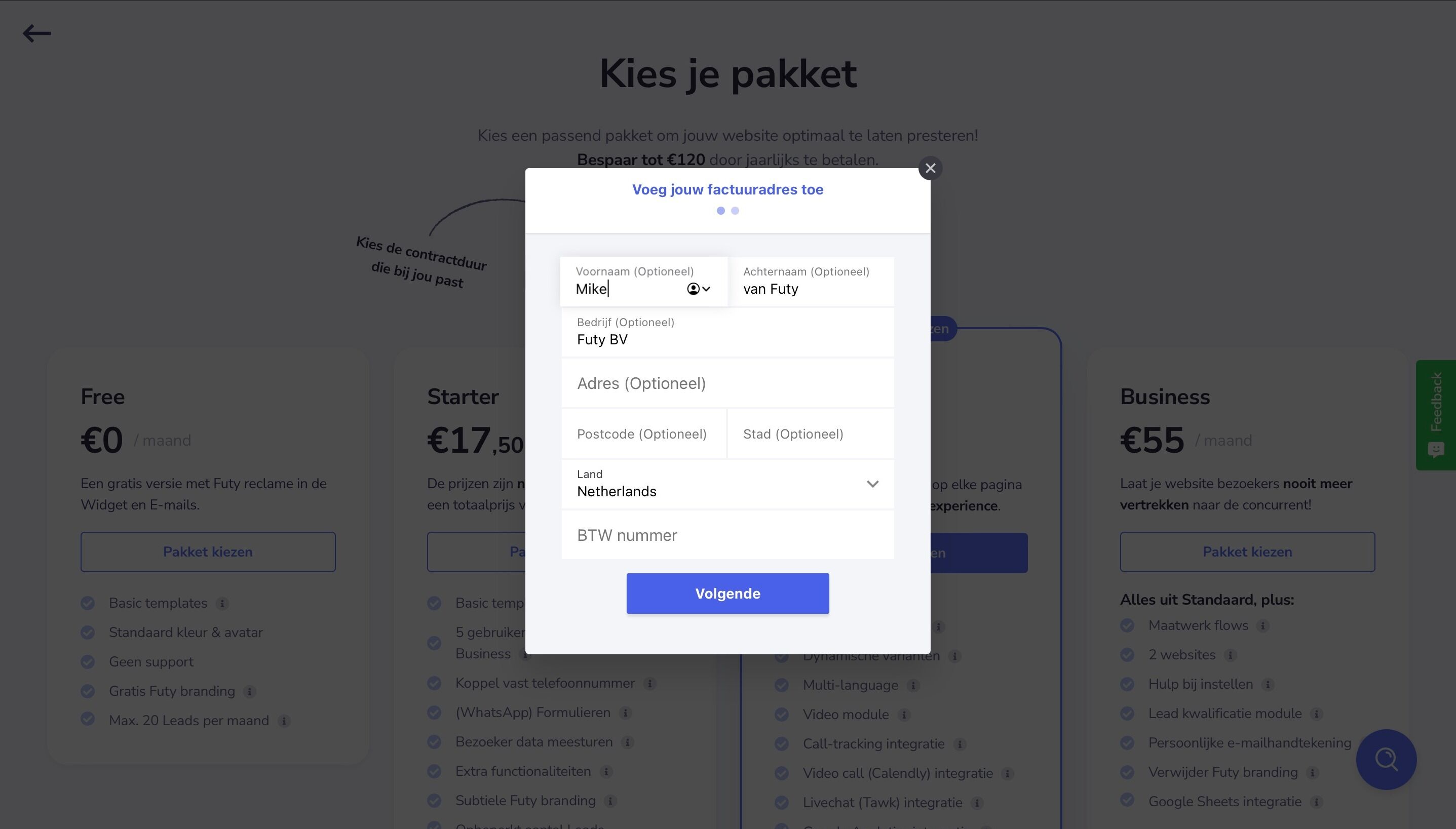 Screenshot of: Vul de gevraagde gegevens in en druk op "Volgende"