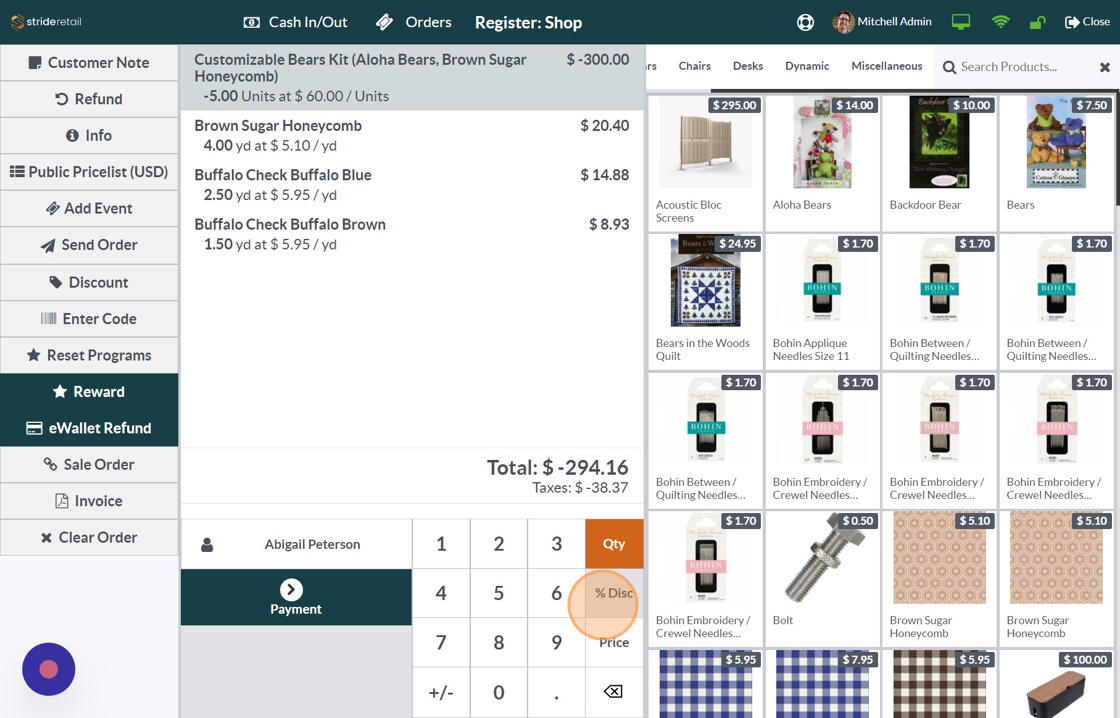 Screenshot of: Select each product, click the %Disc button, and enter "100" so that each product is being "sold" at 100% discount.