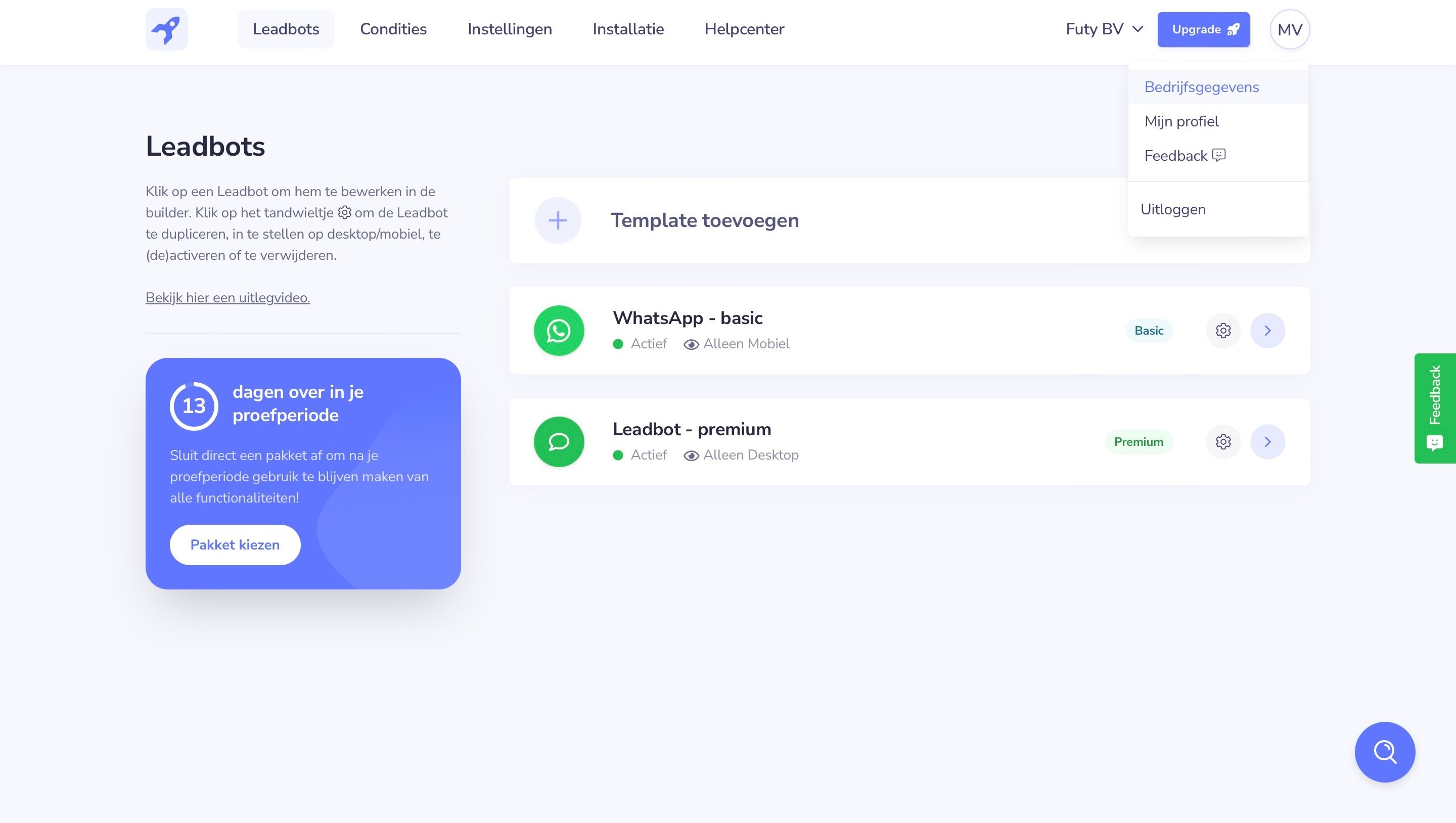 Screenshot of: Login bij je Futy account en ga naar 'Bedrijfsgegevens'