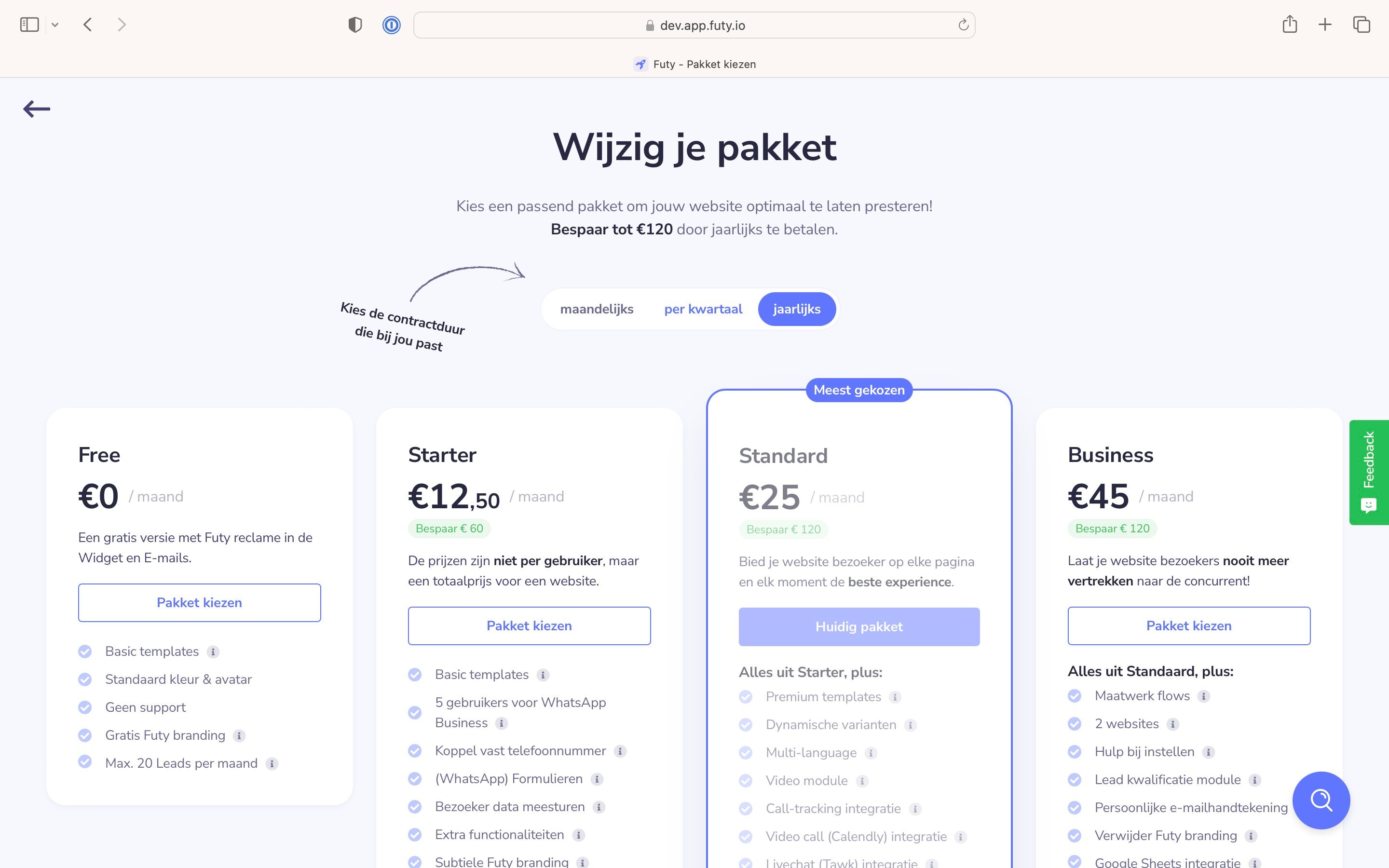 Screenshot of: Here you see the current package and can choose the "desired period" and "the desired package"