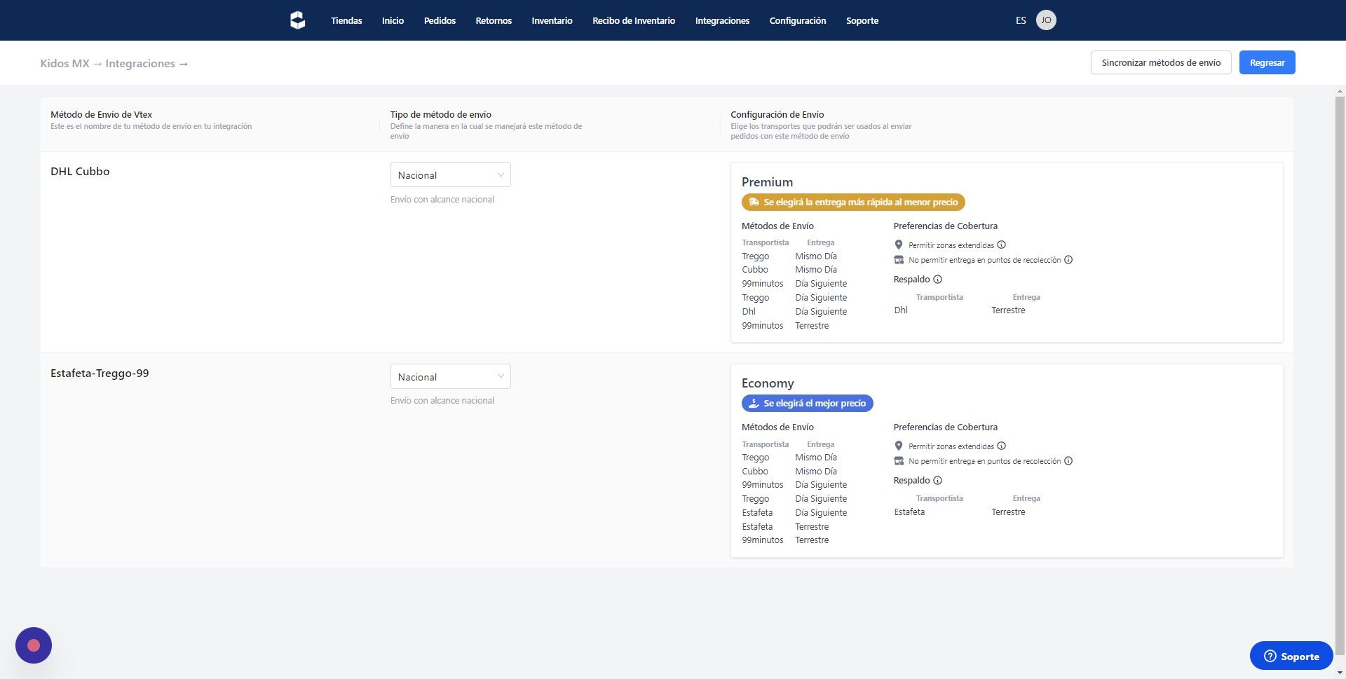 Screenshot of: Metodo de Envío Economy