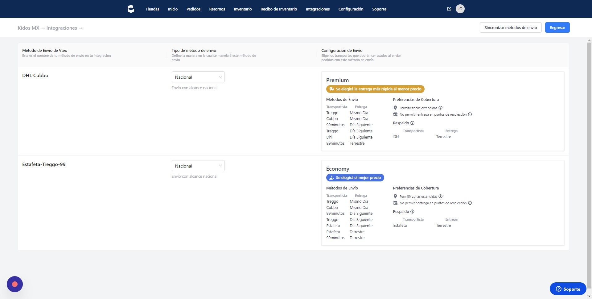 Screenshot of: Si no te aparece ningún metodo de envío, dale click en la parte superior derecha a “Sincronizar métodos de envío”