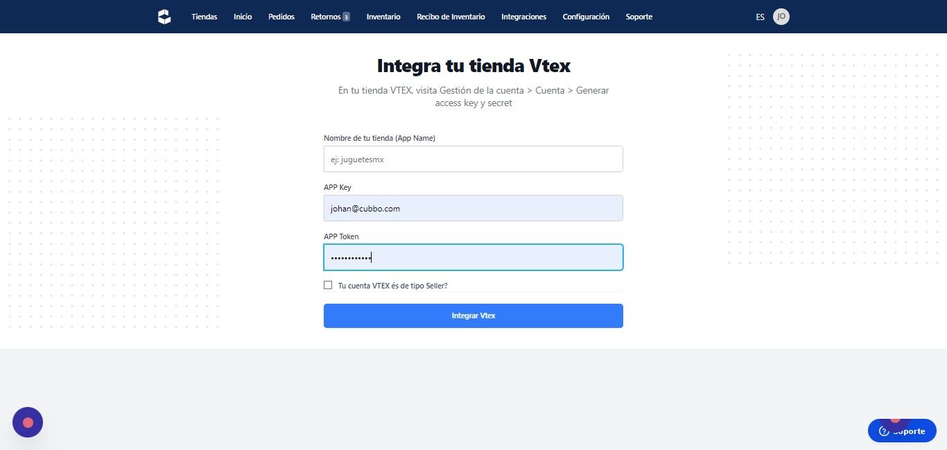 Screenshot of: Da clic en "Integrar Vtex"