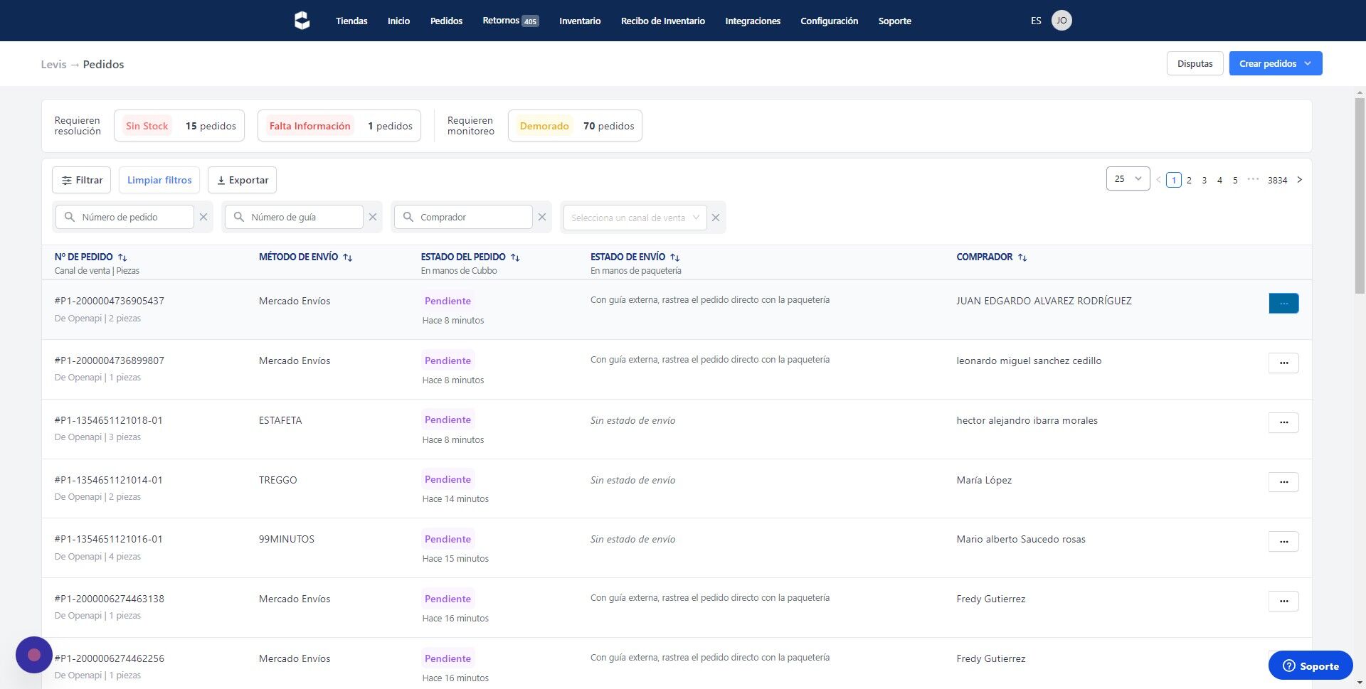 Screenshot of: Buscar el pedido y dar clic en los tres puntos al costado derecho
