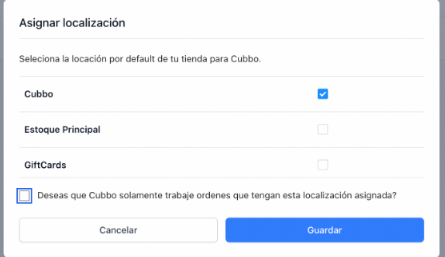 Screenshot of: Se abrirá una ventana con todos tus almacenes de VTEX, selecciona el que quieras usar para Cubbo.
