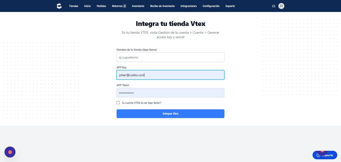 Screenshot of: En la opción Nombre de tu tienda, tienes que usar el nombre único que te proporcionó VTEX. Puedes encontrarlo en la url de tu aplicación de administración. 

Todas las tiendas VTEX siguen esta nomenclatura: nombretienda.myvtex.com. 
Otra forma que tienes de obtener el nombre de tu tienda, es en la parte izquierda superior de tu panel de administración de VTEX, a la derecha del logo
