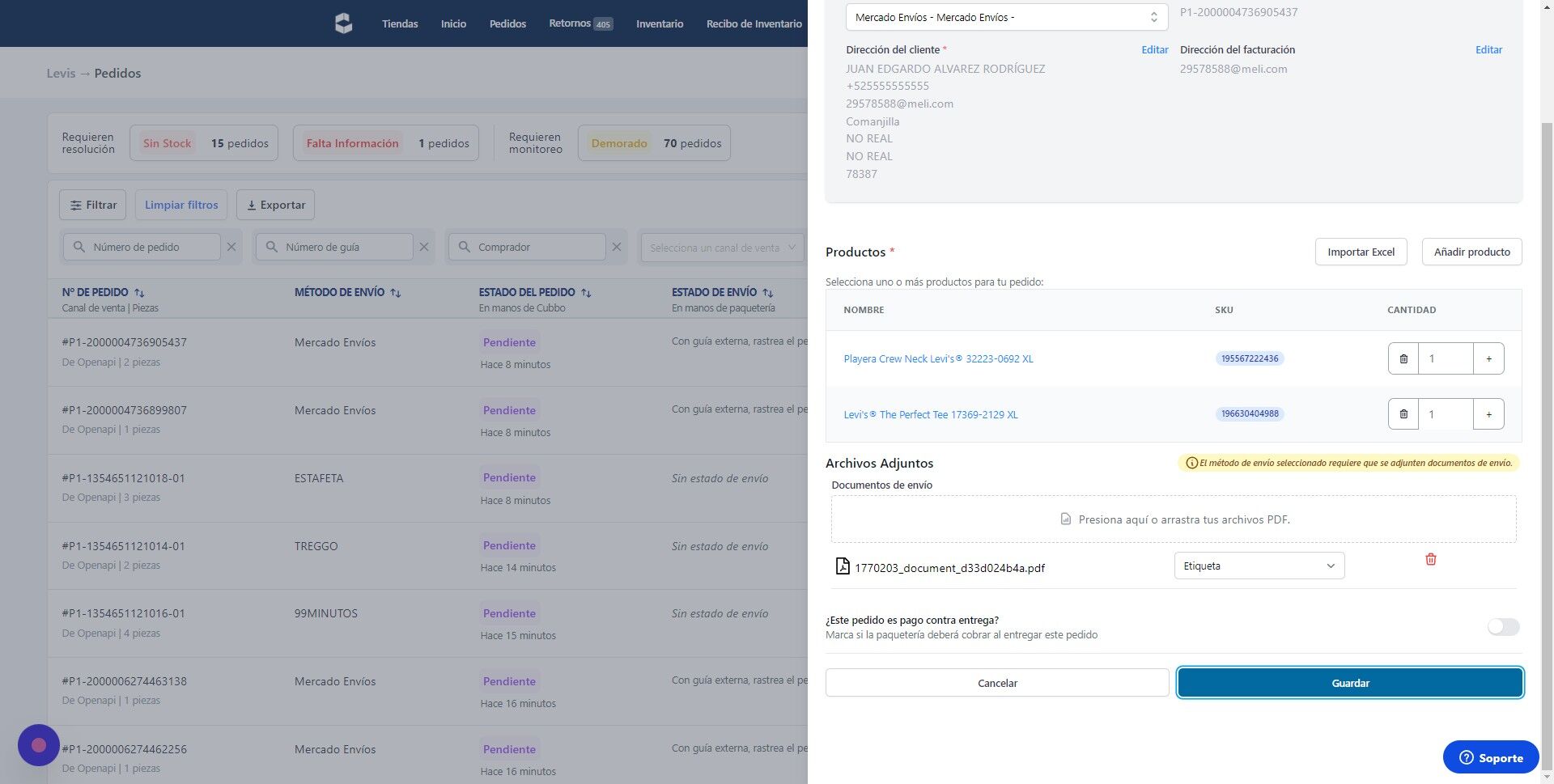 Screenshot of: Click "Guardar" y confirmas la edición del pedido.