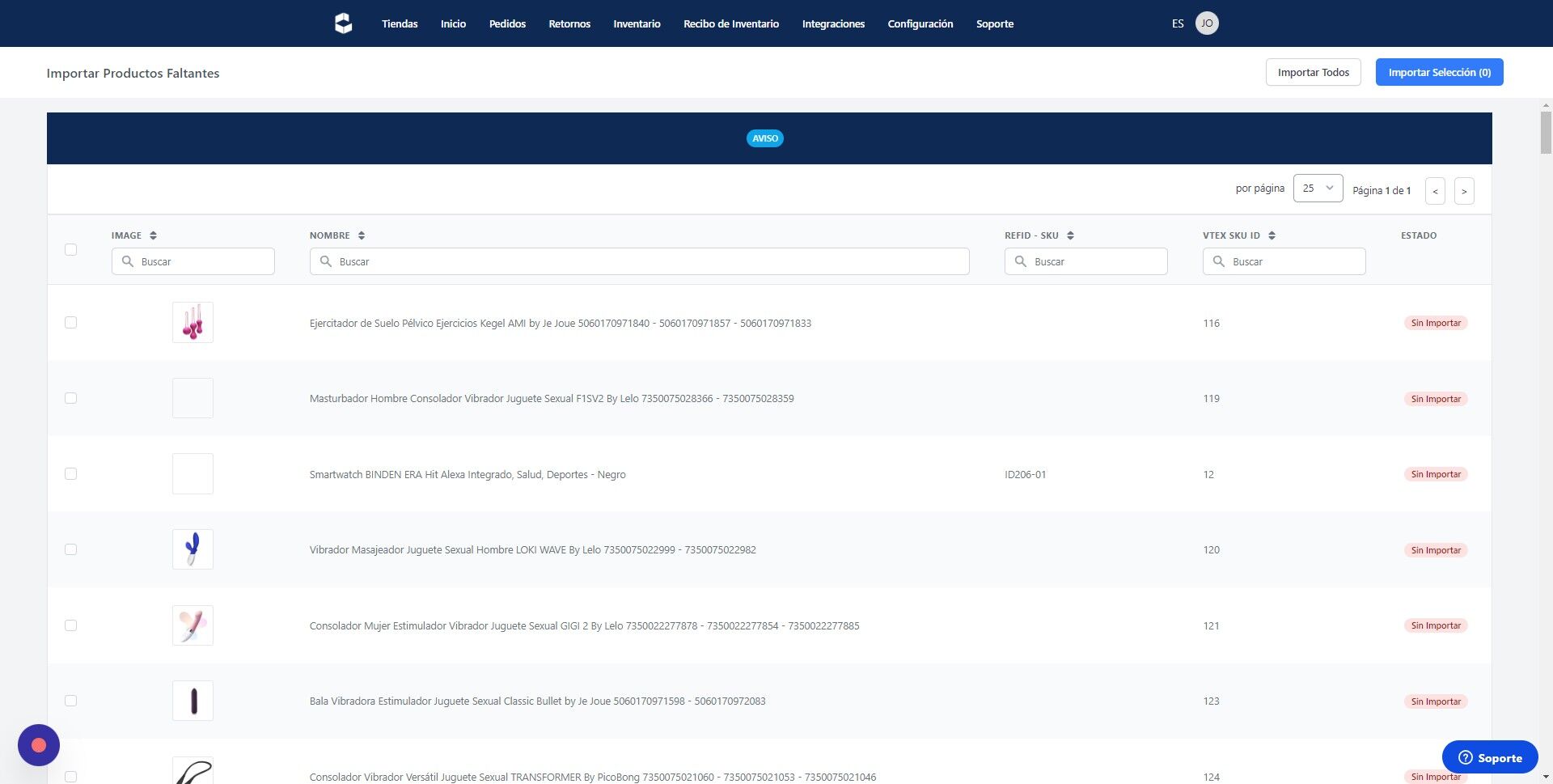 Screenshot of: Una vez allí, puedes importar todos tus productos en un solo click o bien, puedes importar uno por uno. Ten en cuenta que si tienes productos con SKU o código ean/upc/barcode repetidos, no se van a importar. La plataforma de Cubbo no permite tener productos con códigos. 

