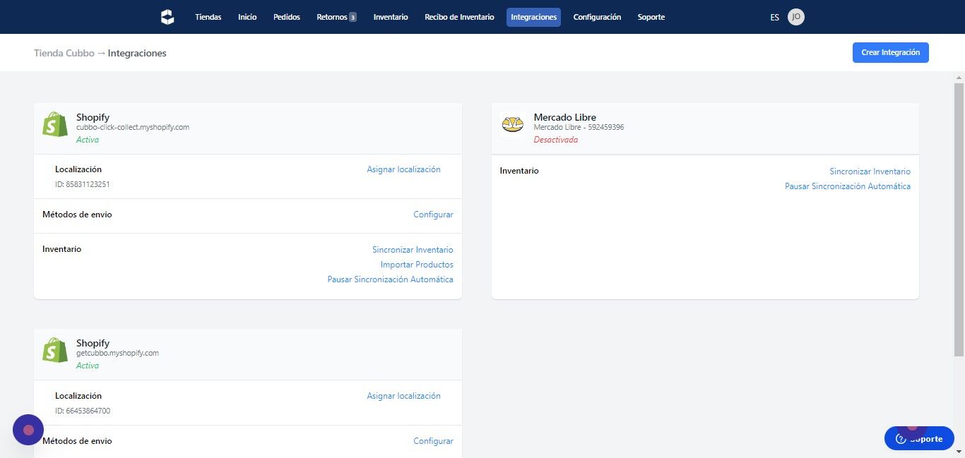 Screenshot of: Añade tus API KEYS a Cubbo.

Una vez tengas tus API KEYS, dirigirte a Cubbo, y en el menú superior, elige la opción de integraciones