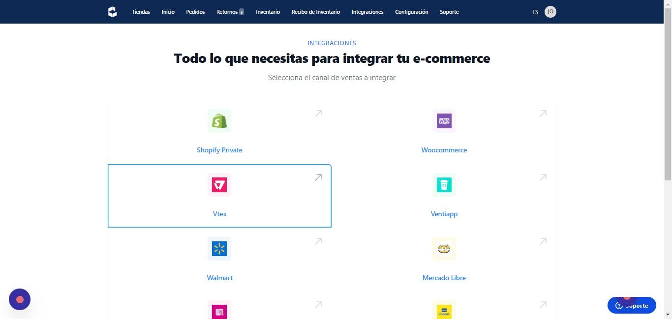 Screenshot of: Selecciona la opción VTEX.