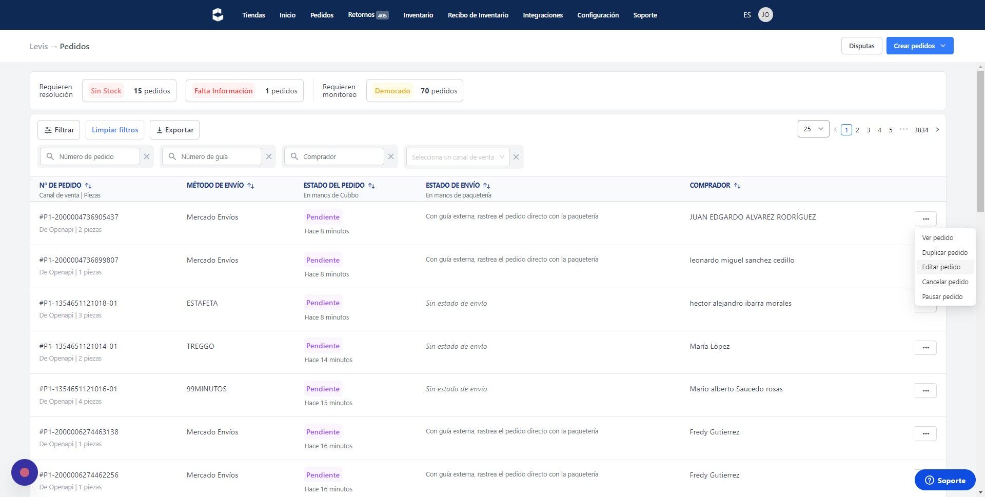 Screenshot of: Click "Editar pedido"