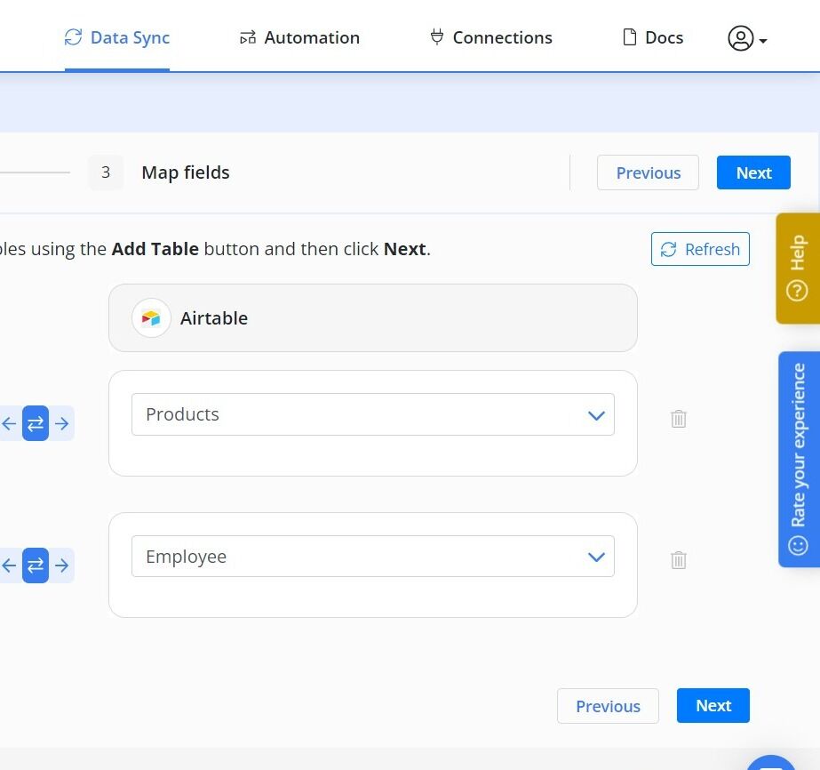 Screenshot of: Delete any tables that you don't want to sync. If the table you want to sync is not displayed, add it using "Add table" button.