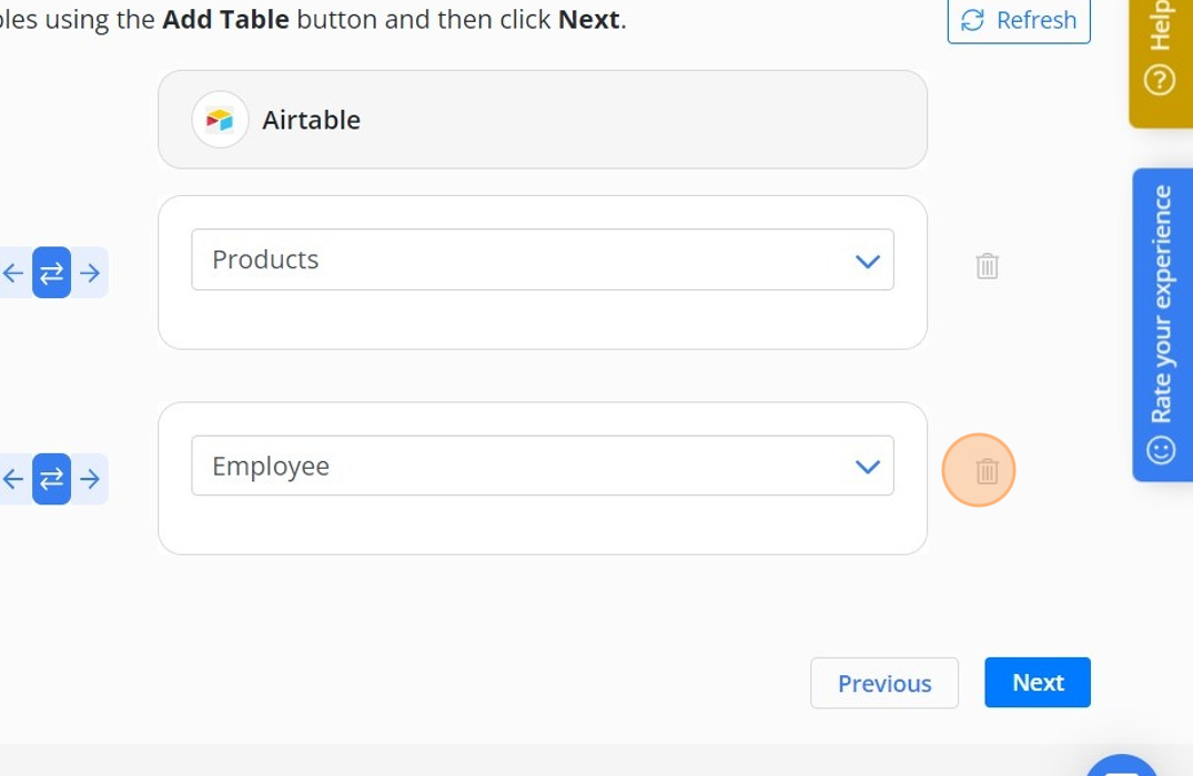Screenshot of: Delete any tables that you don't want to sync. If the table you want to sync is not displayed, add it using "Add table" button.