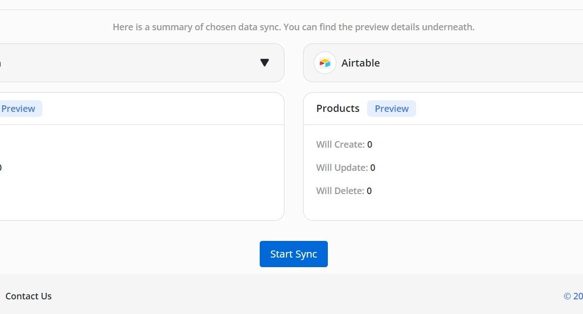 Screenshot of: Carefully review the number of creates, updates, and deletes. Then click "Start Sync". If the numbers are not correct, it means your unique key selection needs to be changed.