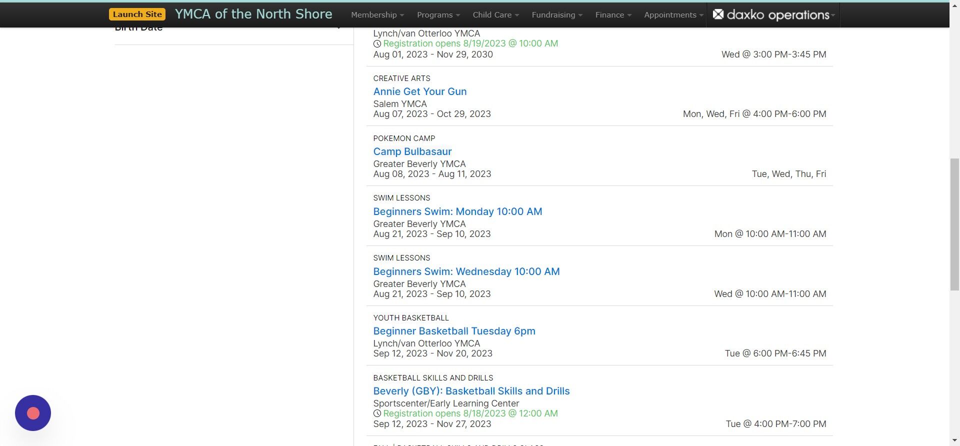 Screenshot of: Select your program they would like to register for