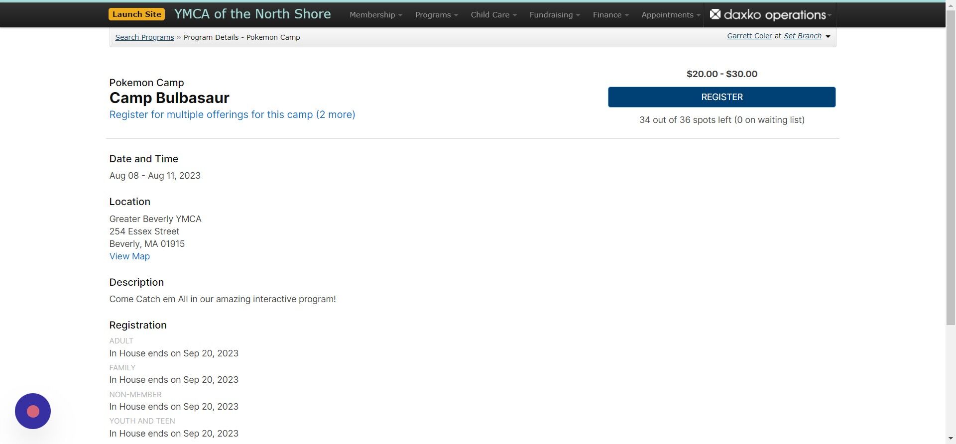 Screenshot of: Select Register
