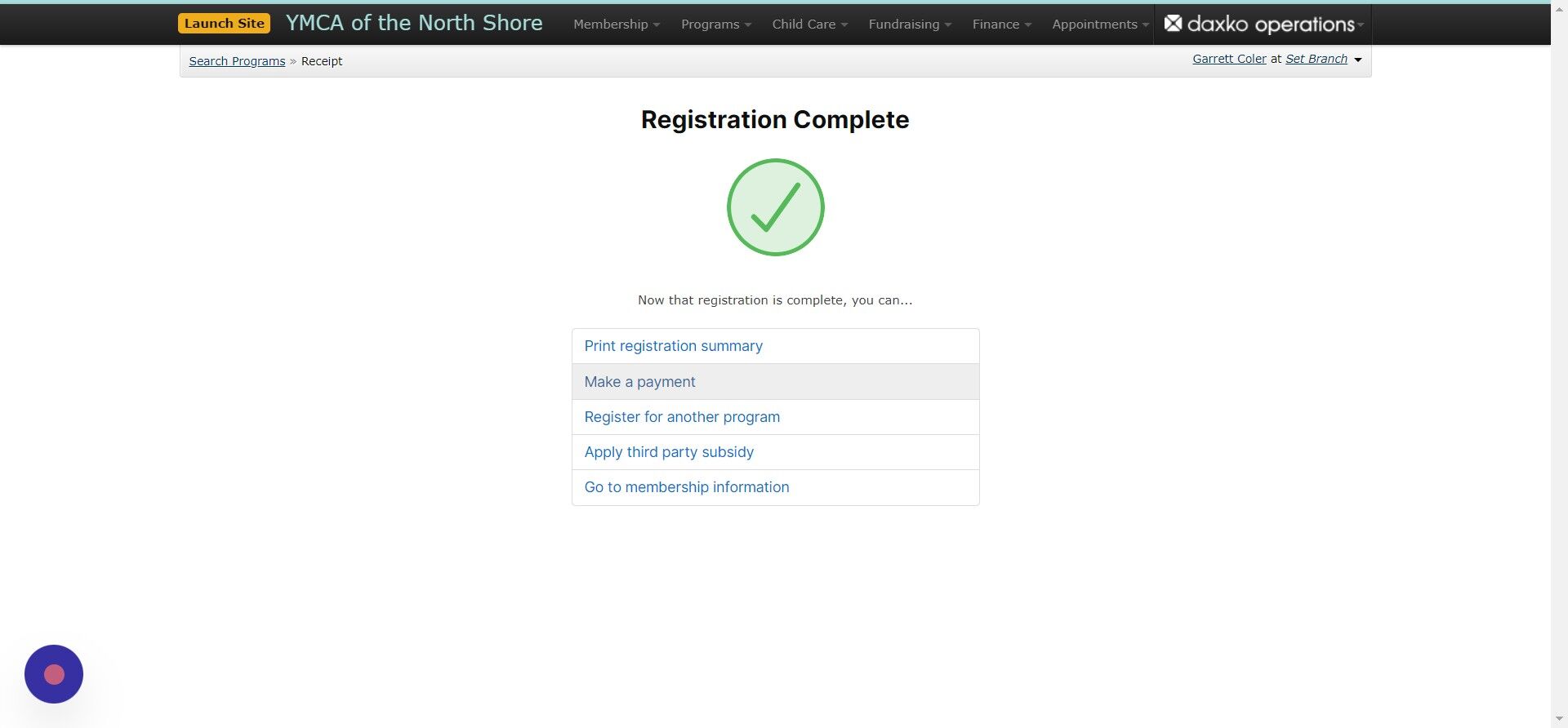 Screenshot of: We have selected the Person > Program now we are going to take a Payment. Select on 