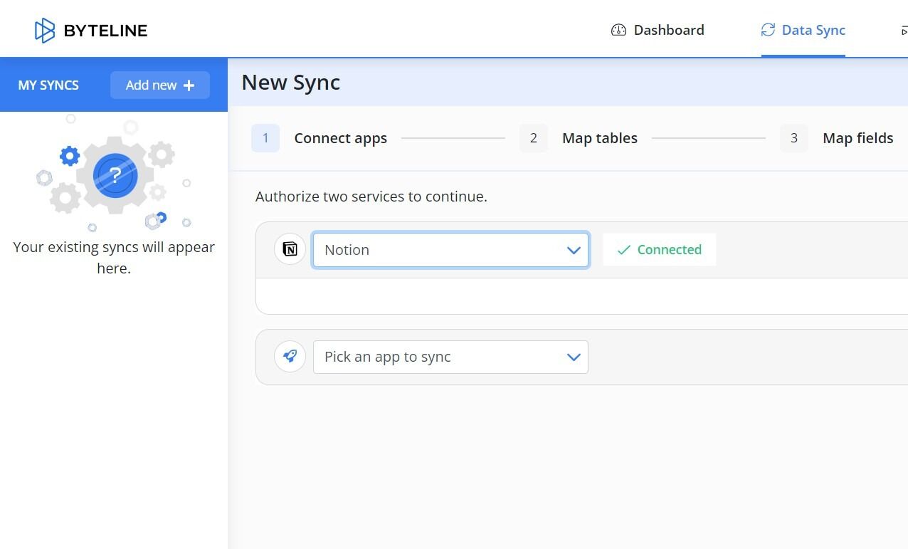 Screenshot of: Pick the app that you want to sync with Notion.