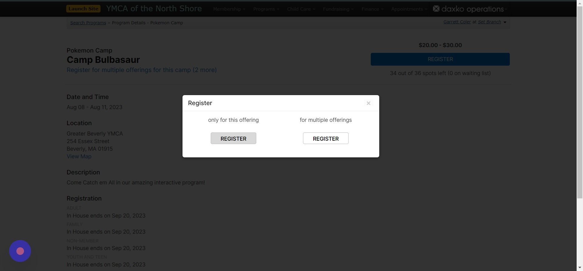 Screenshot of: Select the offering or multiple offerings if they would like to register for more than one session of the class.  For this example we will just register them for one class