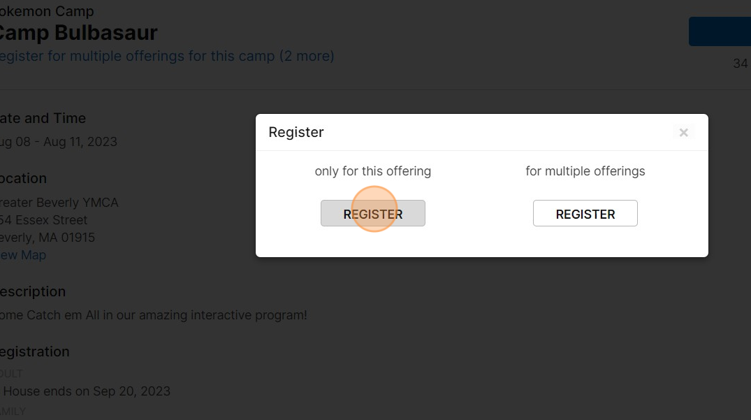 Screenshot of: Select the offering or multiple offerings if they would like to register for more than one session of the class.  For this example we will just register them for one class