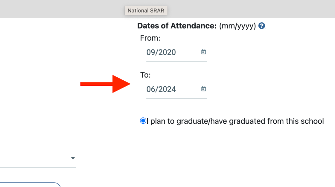Screenshot of: Tip! If you're having trouble locating the course entry option for 12th grade, it's possible that your dates of attendance were not entered correctly. To fix this, go back to the "Enter High School" page and confirm that your dates of attendance include all four years of high school and that your "To" date reflects your graduation date. For example, if you're graduating in June 2024, enter "06/2024" as your "To" date.  