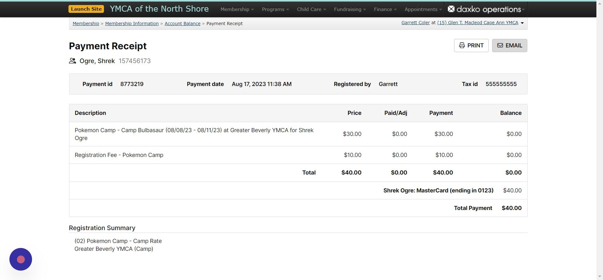 Screenshot of: Email or print the receipt 